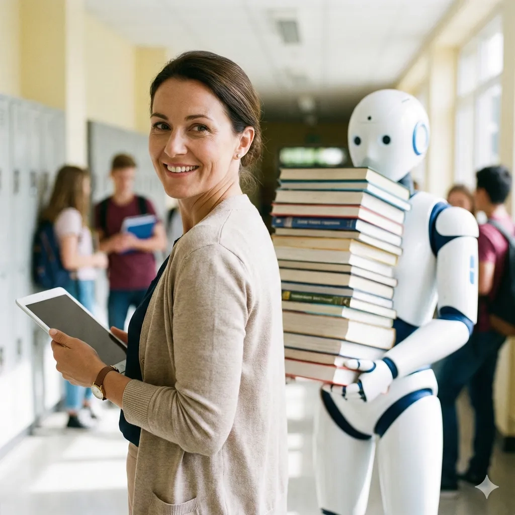 Teacher being helped by robot